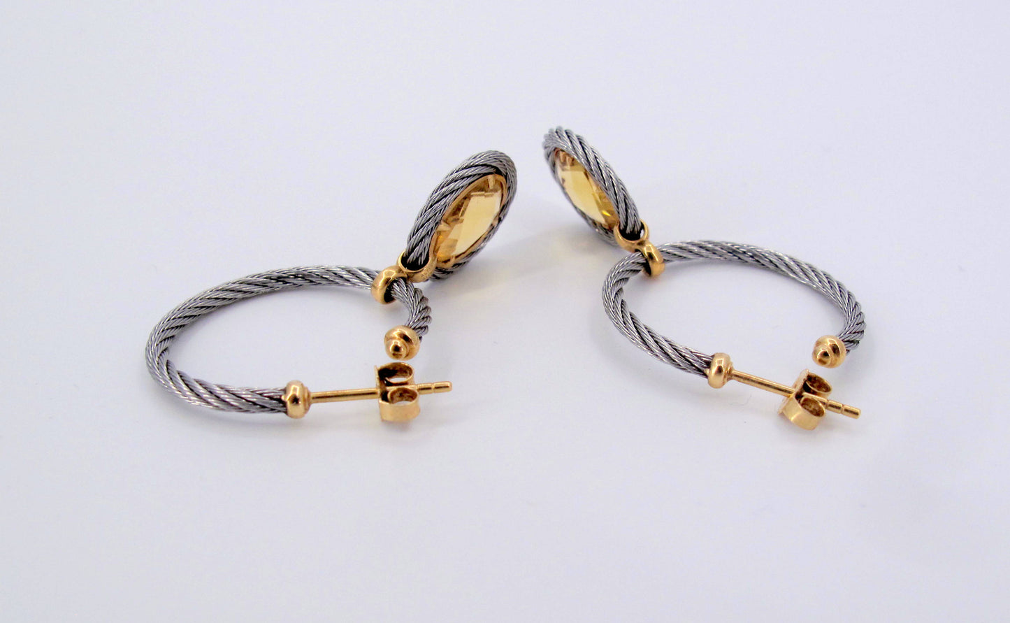 18K Gold & STainless Steel Charriol Cable Citrine Dangle Earrings