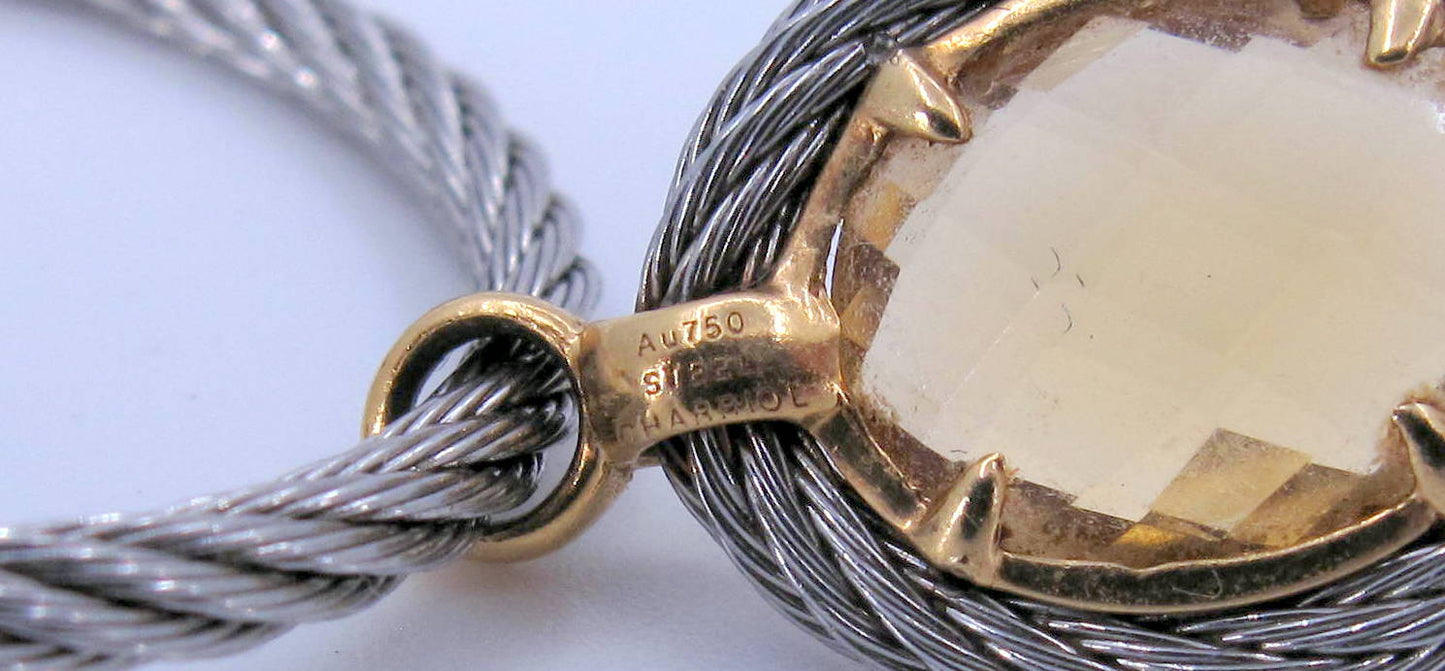 18K Gold & STainless Steel Charriol Cable Citrine Dangle Earrings