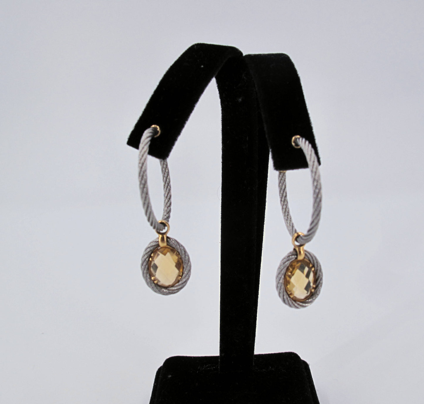 18K Gold & STainless Steel Charriol Cable Citrine Dangle Earrings