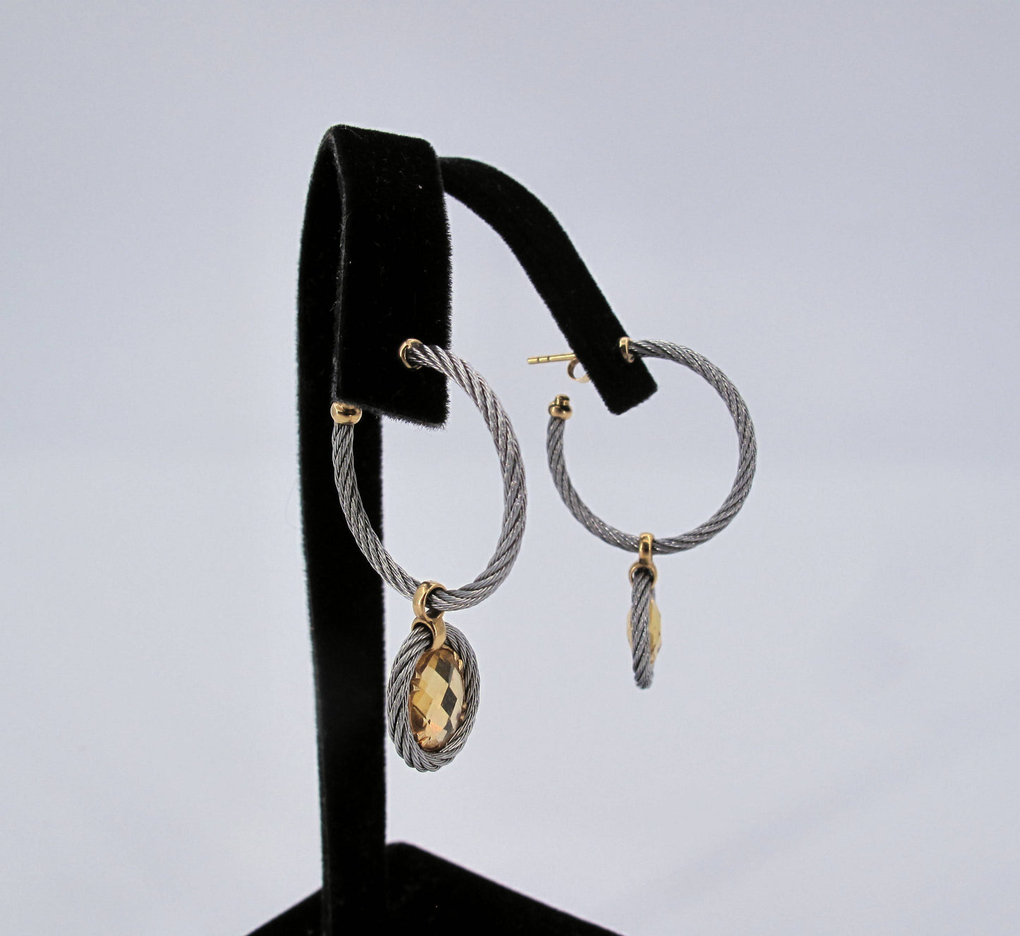 18K Gold & STainless Steel Charriol Cable Citrine Dangle Earrings