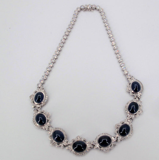 Sterling 925 Blue Sapphires & Zircon Ladies Necklace 15" Long