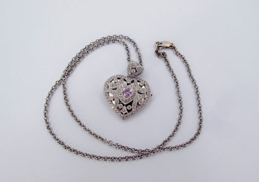 18k/14k Gold Pink Topaz Diamond Heart Locket Ladies Necklace 15" Long