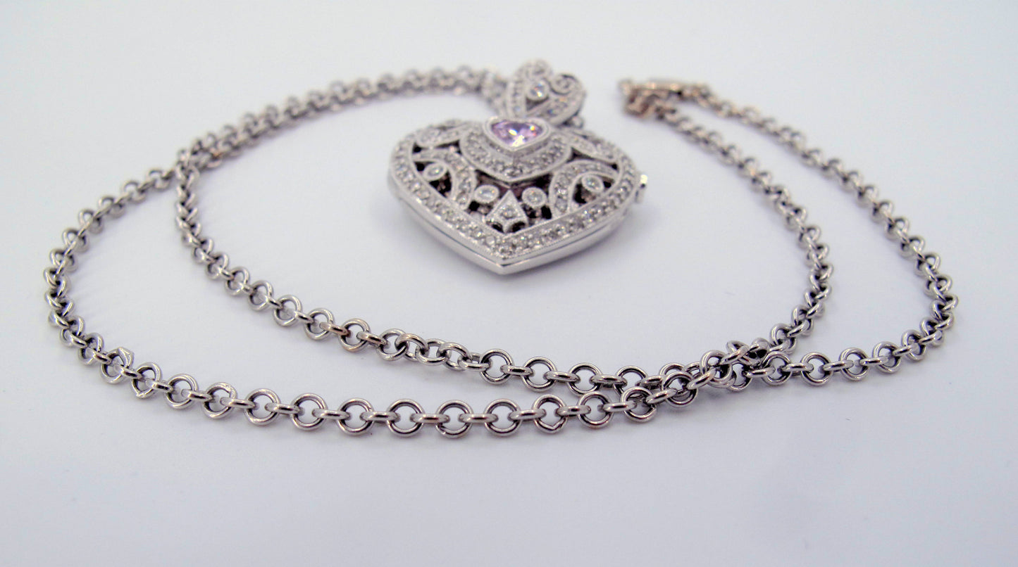 18k/14k Gold Pink Topaz Diamond Heart Locket Ladies Necklace 15" Long