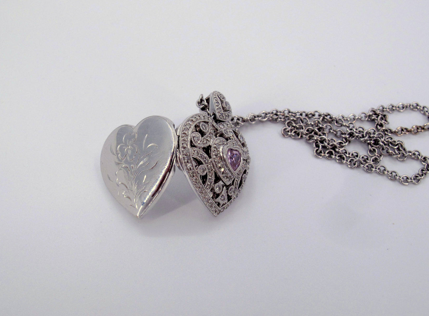 18k/14k Gold Pink Topaz Diamond Heart Locket Ladies Necklace 15" Long