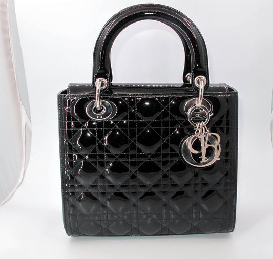 Original Christian Dior "Lady Dior" Cannage Black Patent Ladies Handbag