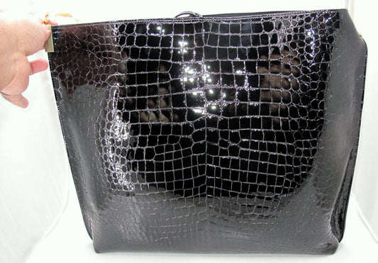 Original YVES SAINT LAURENT Crocodile Effect Black Tote Handbag W/Pouch