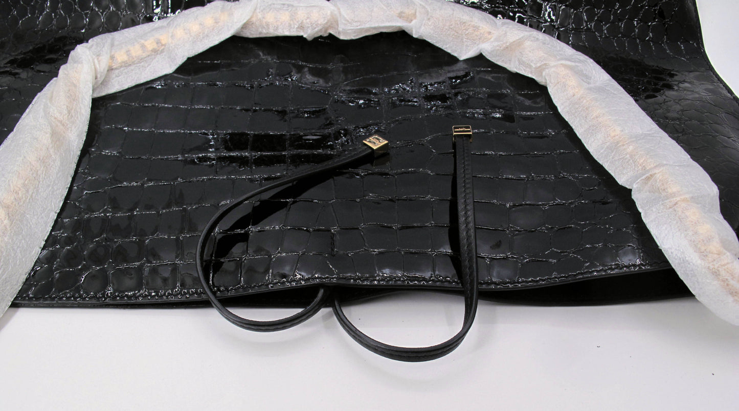 Original YVES SAINT LAURENT Crocodile Effect Black Tote Handbag W/Pouch