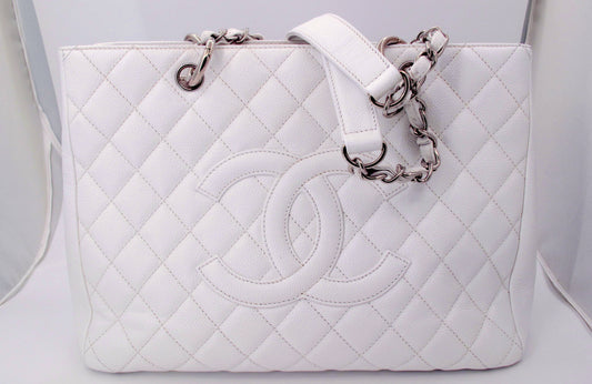 Original CHANEL "GRAND SHOPPER" Caviar Leather White Ladies Handbag