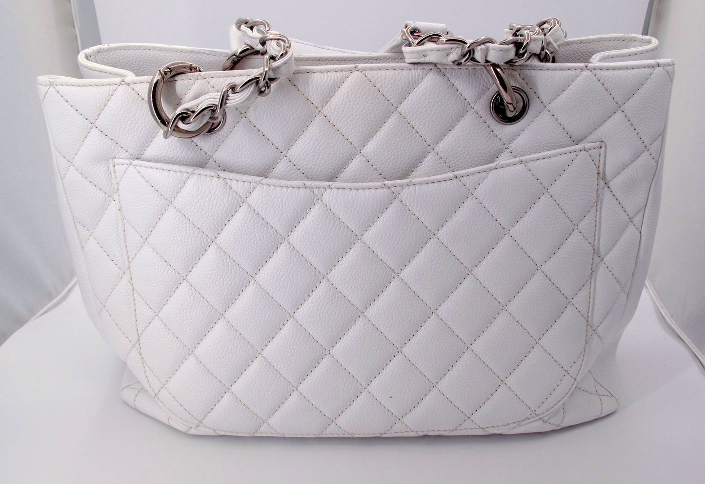 Original CHANEL "GRAND SHOPPER" Caviar Leather White Ladies Handbag