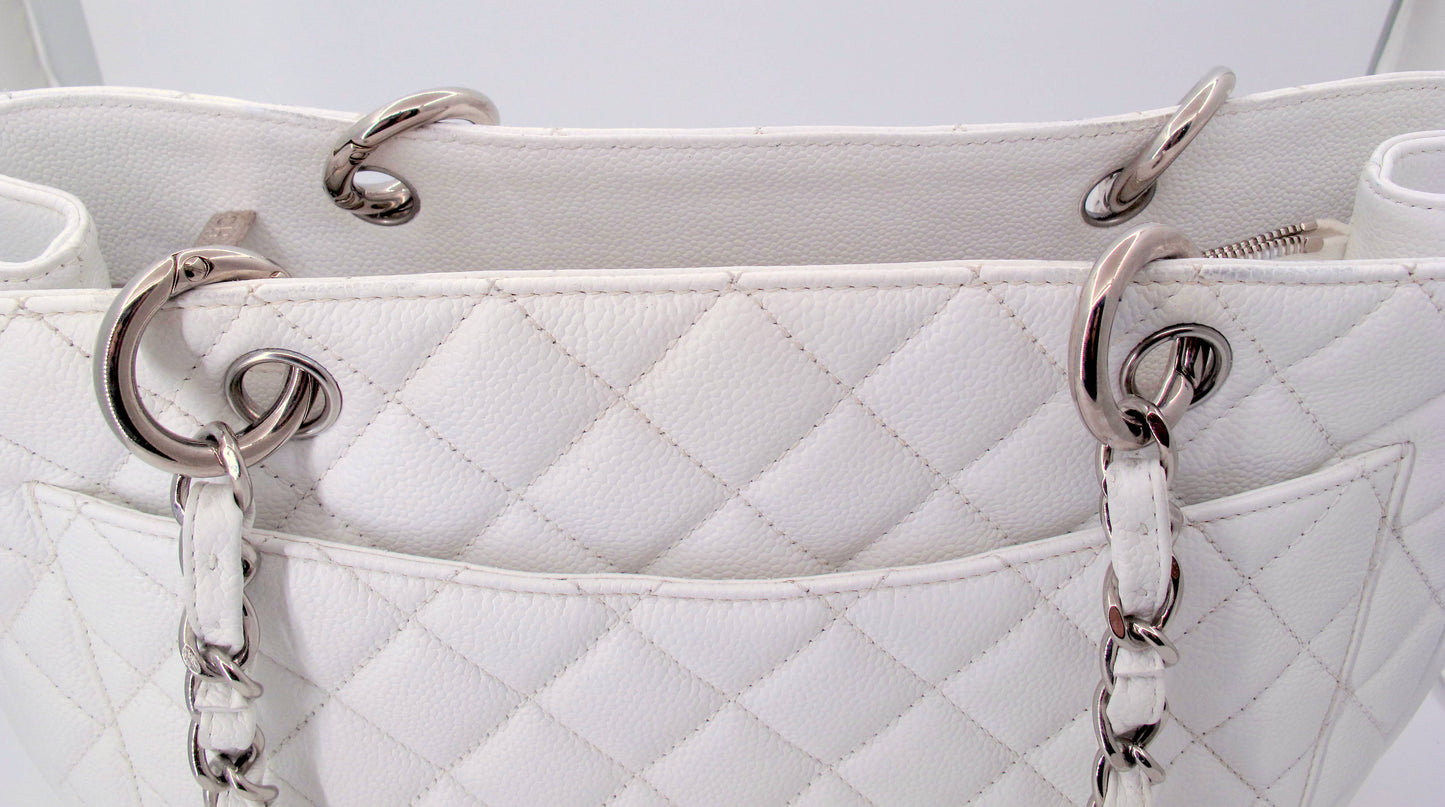 Original CHANEL "GRAND SHOPPER" Caviar Leather White Ladies Handbag