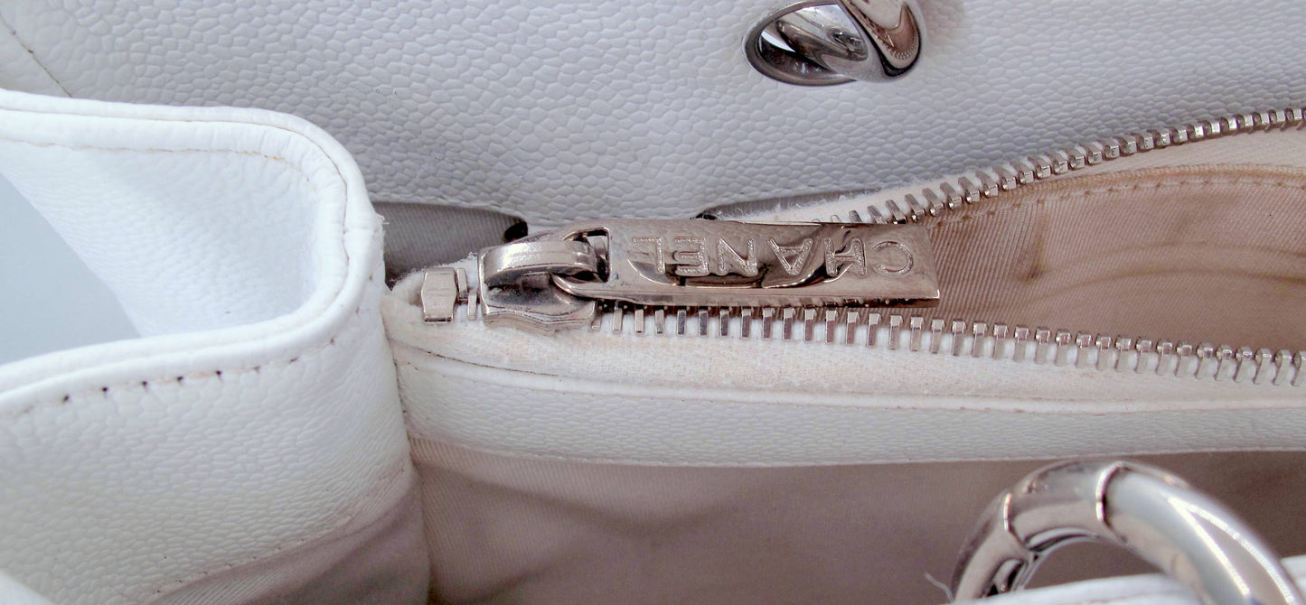 Original CHANEL "GRAND SHOPPER" Caviar Leather White Ladies Handbag