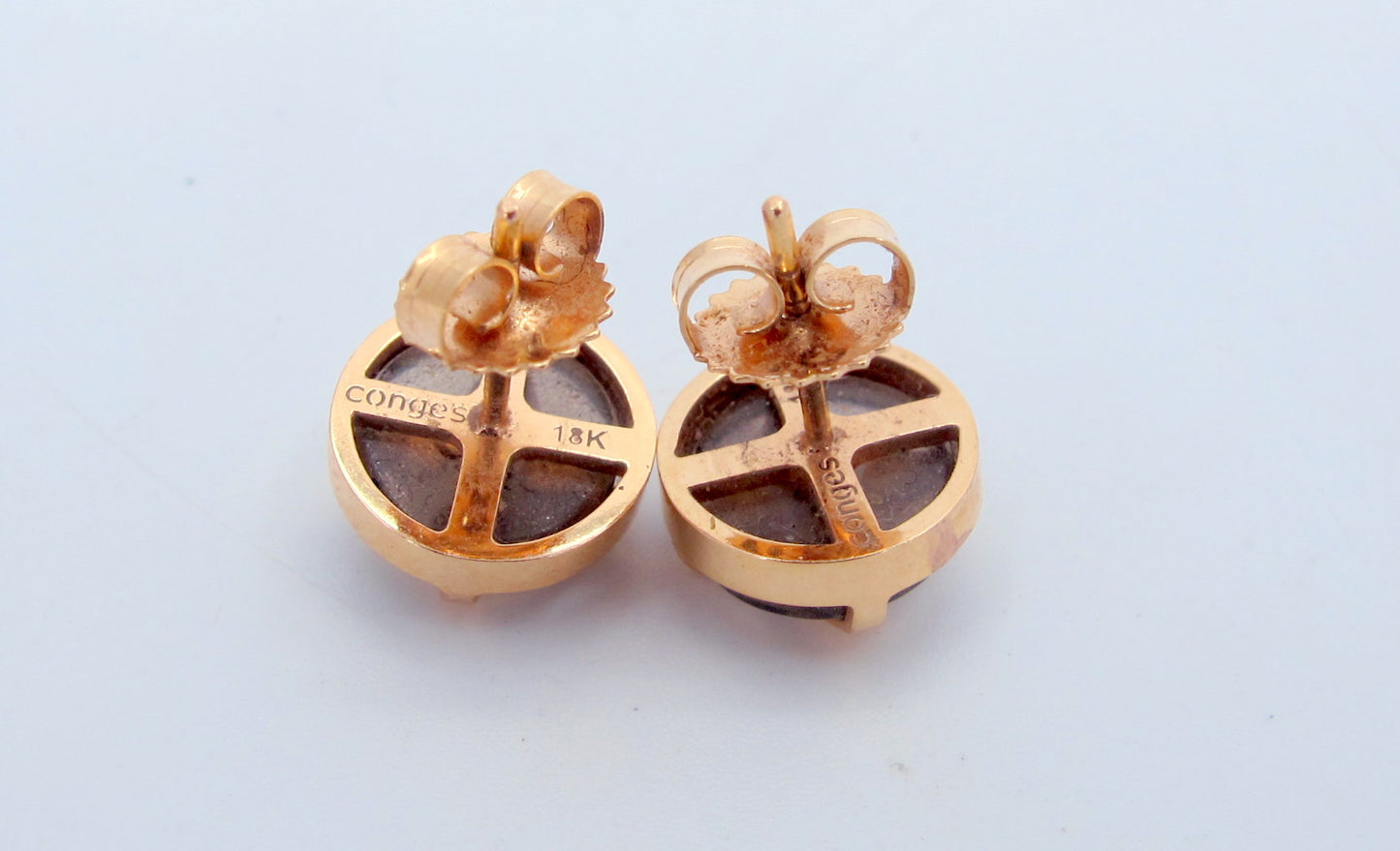 18K Gold CONGES Smokey Quartz Diamond Signature Stud Earrings