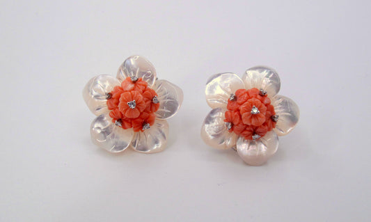 Stunning 18K Gold M.O.P-Coral-Diamond Ladies Earrings Fine Jewelry