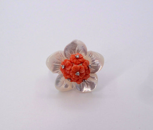 Stunning 18K Gold M.O.P-Coral-Diamond Ladies Ring Fine Jewelry Size 5.25