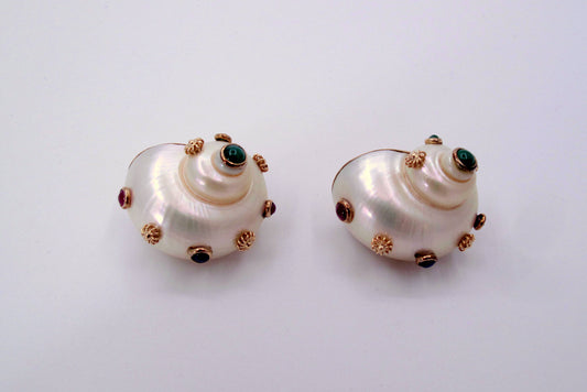 Stunning 14K Gold MAZ Seashell Multi-Gemstones Ladies Earrings