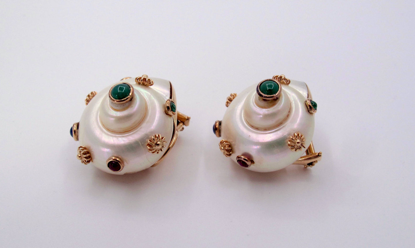 Stunning 14K Gold MAZ Seashell Multi-Gemstones Ladies Earrings