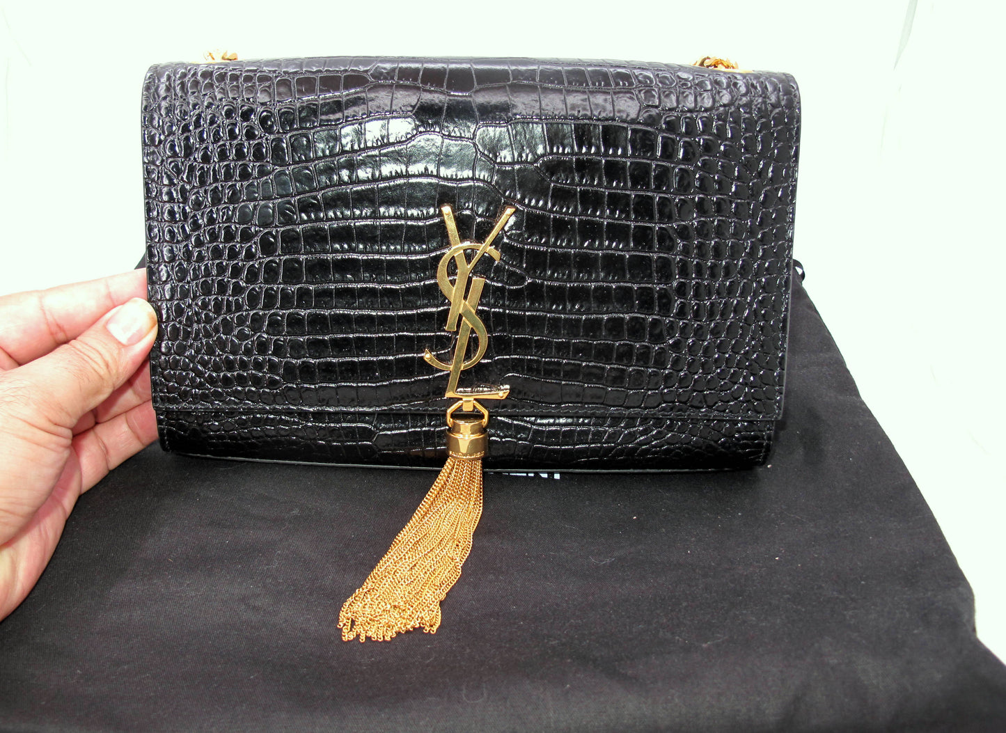Original YVES SAINT LAURENT "KATE" Crocodile Effect Black Shoulder bag