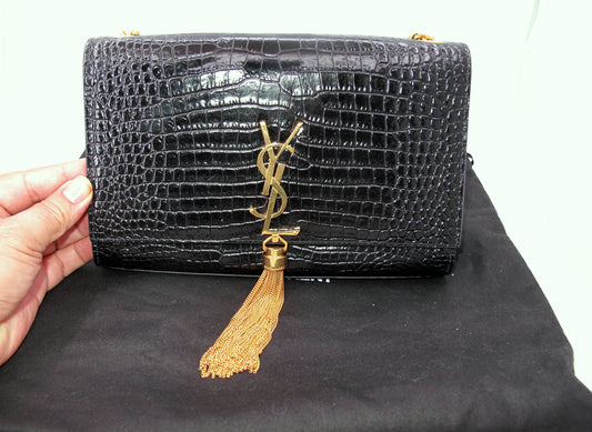 Original YVES SAINT LAURENT "KATE" Crocodile Effect Black Shoulder bag