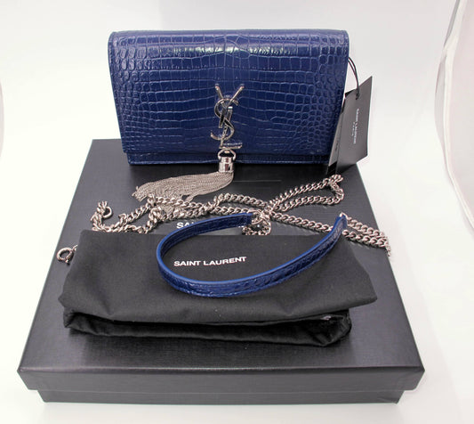 Original YVES SAINT LAURENT "WOC" Crocodile Effect Blue Shoulder bag