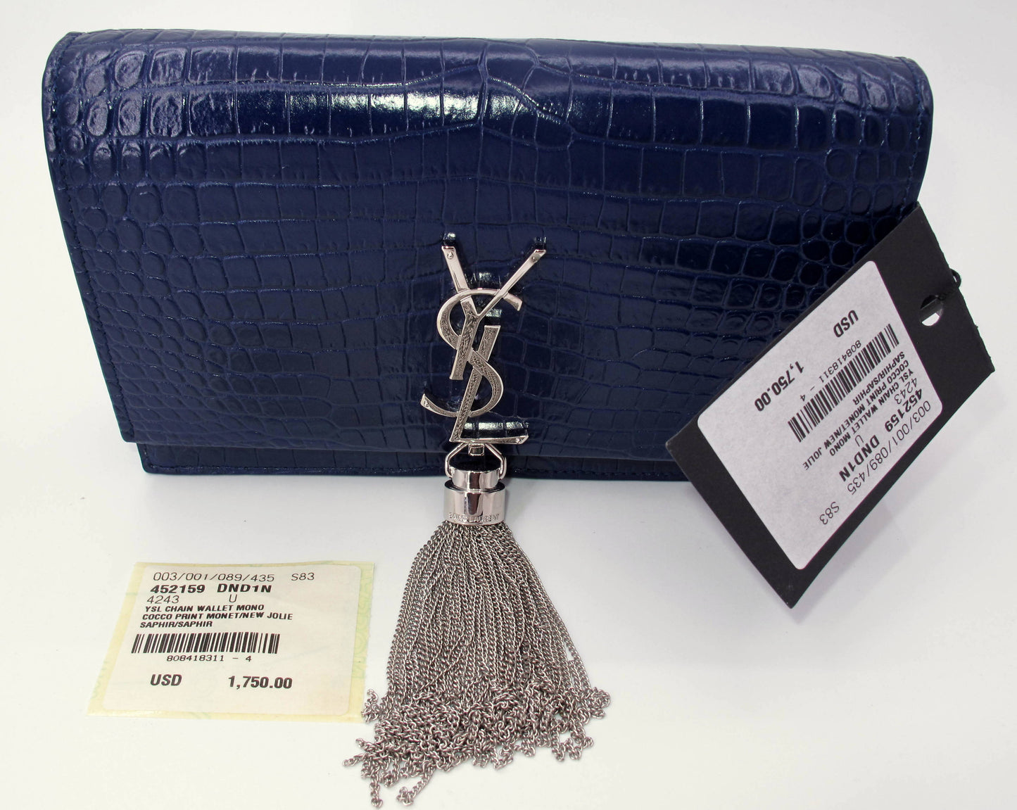 Original YVES SAINT LAURENT "WOC" Crocodile Effect Blue Shoulder bag