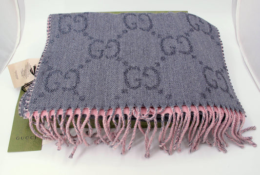 Stunning GUCCI GG Metallic Ladies Scarf Wool Gray/Pink With Box