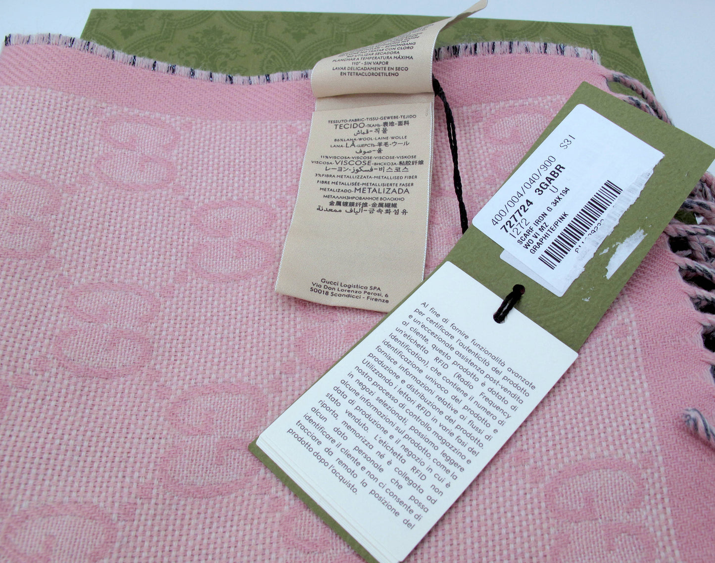 Stunning GUCCI GG Metallic Ladies Scarf Wool Gray/Pink With Box