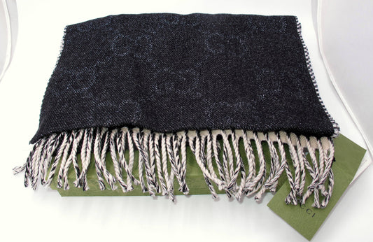Stunning GUCCI GG Metallic Ladies Scarf Wool Black/Cream With Box