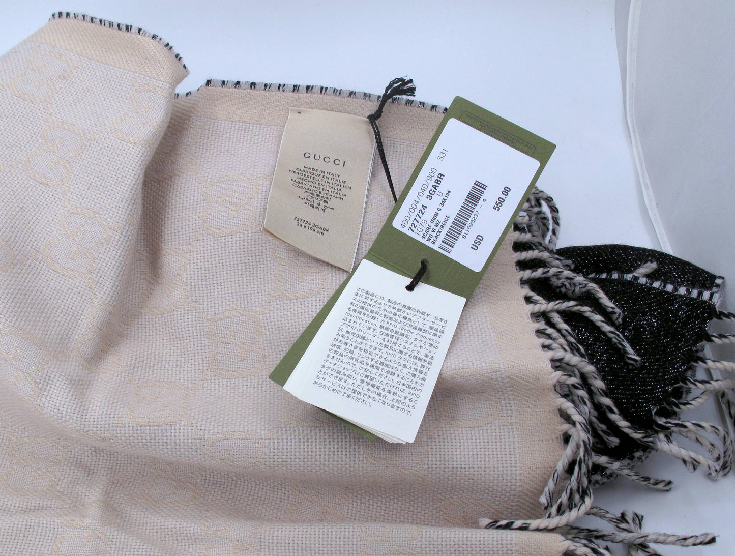 Stunning GUCCI GG Metallic Ladies Scarf Wool Black/Cream With Box