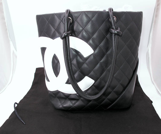 Original CHANEL "CAMBON" Medium Black/White Ladies Leather Handbag